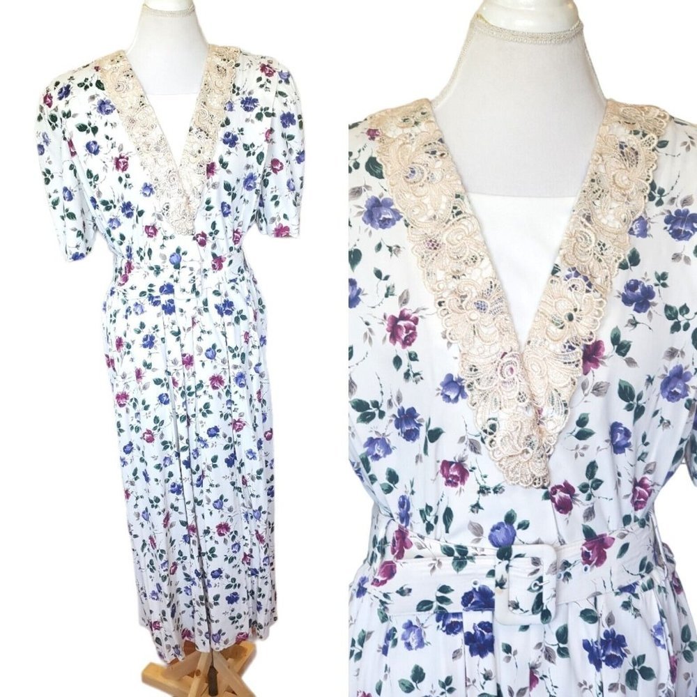 Vintage‎ 80s Floral Belted White Maxi Dress Crochet Collar Cottage Core 12